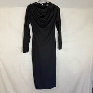 Gracia Women's Wrap Midi‎ Black Solid Stretch Cowl Neck Size Large Goth Bodycon